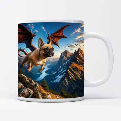 French Bulldog Dragon Flying Over Mountain Peaks