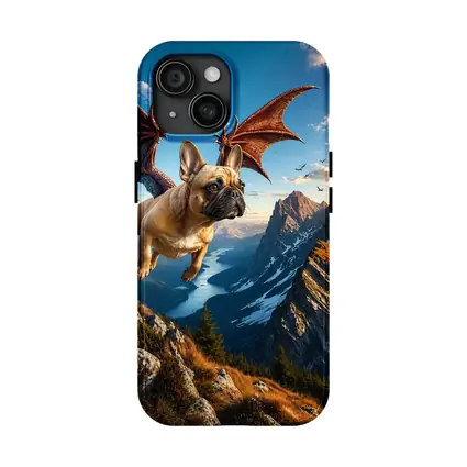 French Bulldog Dragon Flying Over Mountain Peaks