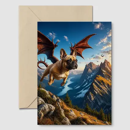 French Bulldog Dragon Flying Over Mountain Peaks