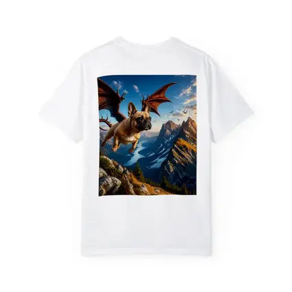 French Bulldog Dragon Flying Over Mountain Peaks
