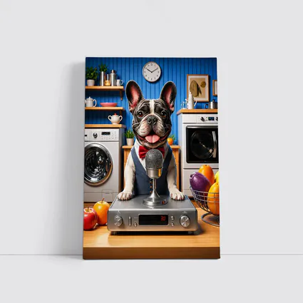 French Bulldog Host With Microphone Kitchen Setting