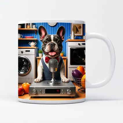 French Bulldog Host With Microphone Kitchen Setting