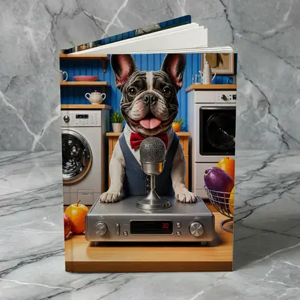 French Bulldog Host With Microphone Kitchen Setting