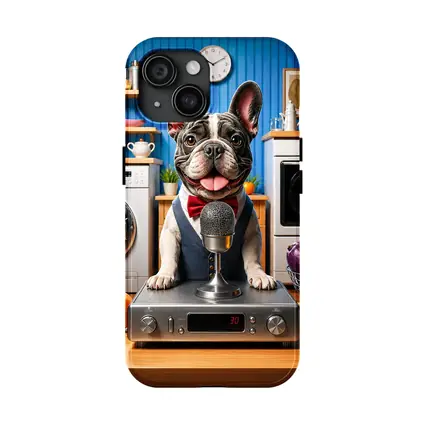 French Bulldog Host With Microphone Kitchen Setting