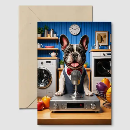 French Bulldog Host With Microphone Kitchen Setting