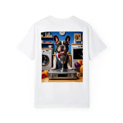 French Bulldog Host With Microphone Kitchen Setting