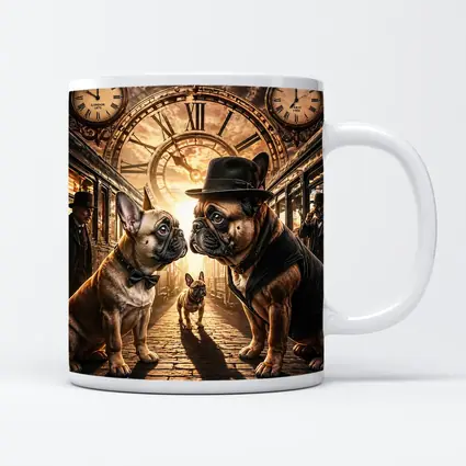 French Bulldogs Steampunk Train Station Clock