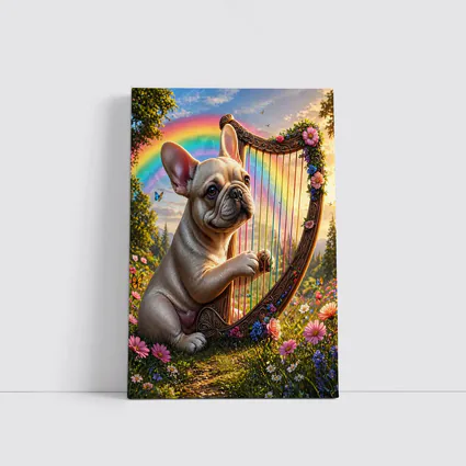 French Bulldog Playing Harp Rainbow Garden