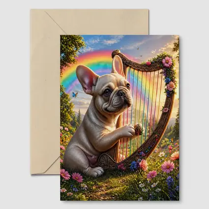 French Bulldog Playing Harp Rainbow Garden