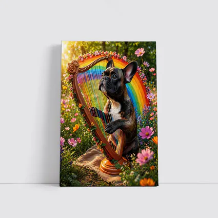 French Bulldog Playing Rainbow Harp Garden