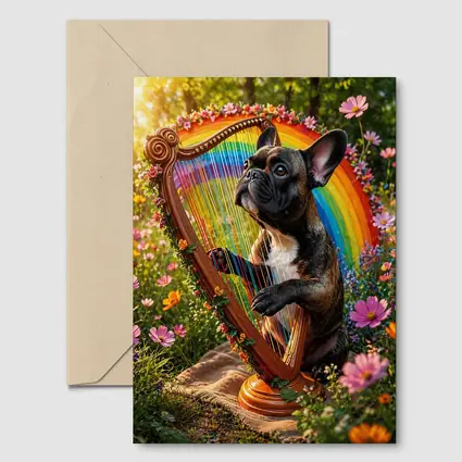 French Bulldog Playing Rainbow Harp Garden