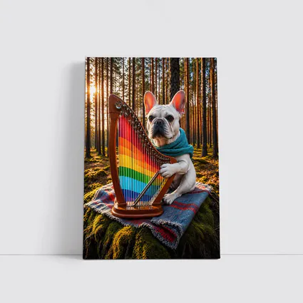 French Bulldog Playing Rainbow Harp Forest