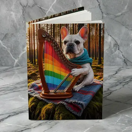 French Bulldog Playing Rainbow Harp Forest