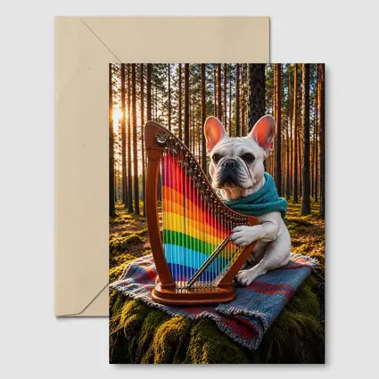 French Bulldog Playing Rainbow Harp Forest