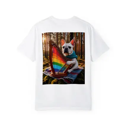 French Bulldog Playing Rainbow Harp Forest