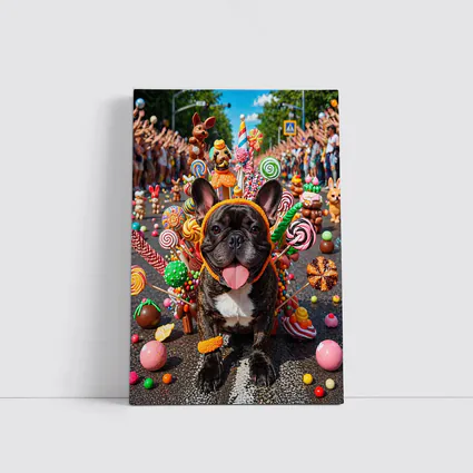 French Bulldog Surrounded by Colorful Candy Parade
