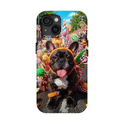 French Bulldog Surrounded by Colorful Candy Parade