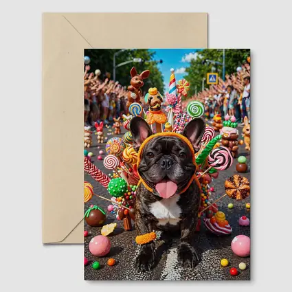 French Bulldog Surrounded by Colorful Candy Parade