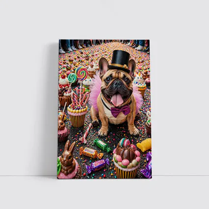 French Bulldog Surrounded by Colorful Candy Sweets