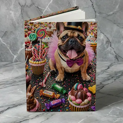 French Bulldog Surrounded by Colorful Candy Sweets