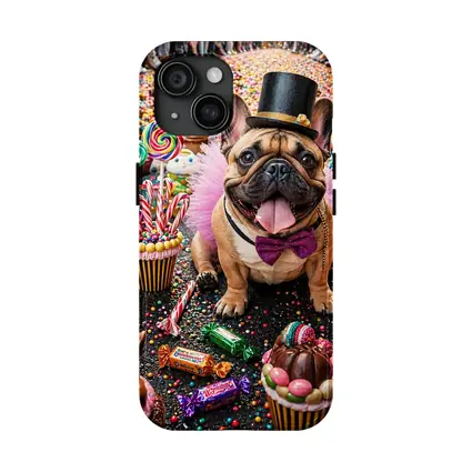 French Bulldog Surrounded by Colorful Candy Sweets