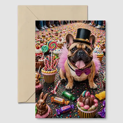 French Bulldog Surrounded by Colorful Candy Sweets