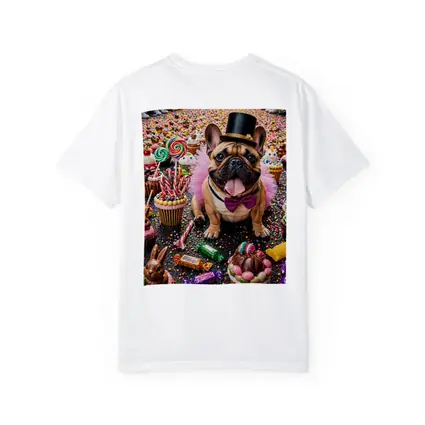 French Bulldog Surrounded by Colorful Candy Sweets