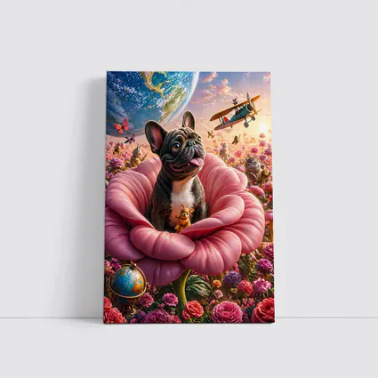 French Bulldog Sitting In Giant Pink Rose