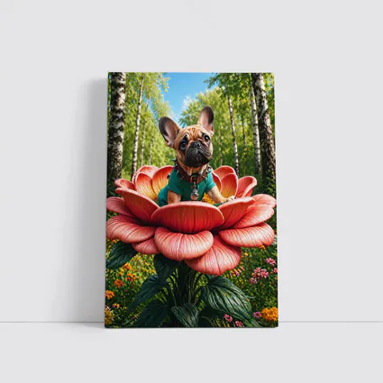 French Bulldog Sitting on Giant Red Flower