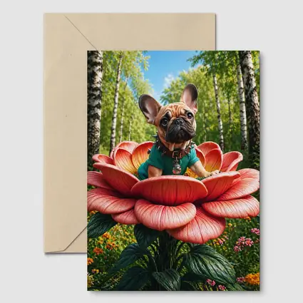 French Bulldog Sitting on Giant Red Flower