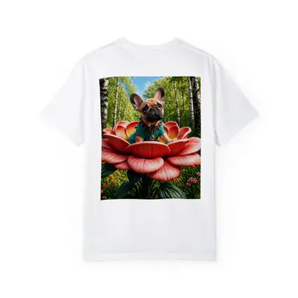 French Bulldog Sitting on Giant Red Flower