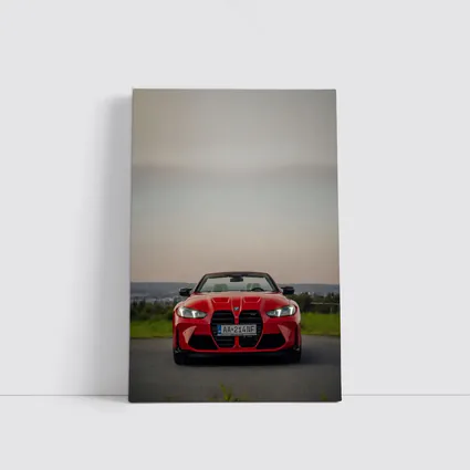BMW M4 Competition Red Convertible Overcast Sky