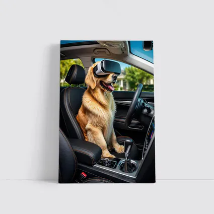 Golden Retriever Wearing VR Headset In Car