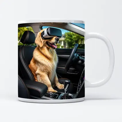 Golden Retriever Wearing VR Headset In Car