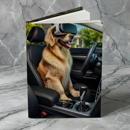 Golden Retriever Wearing VR Headset In Car