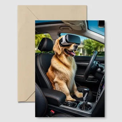 Golden Retriever Wearing VR Headset In Car
