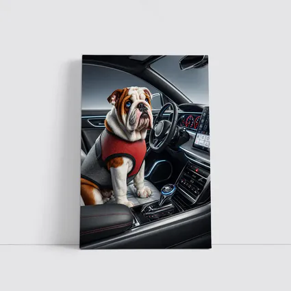 English Bulldog Sitting Inside Modern Car Interior