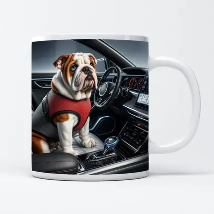 English Bulldog Sitting Inside Modern Car Interior