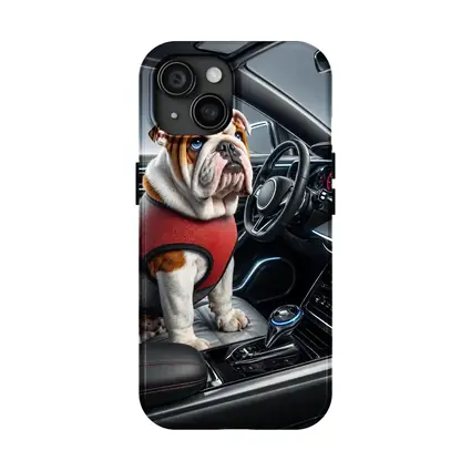 English Bulldog Sitting Inside Modern Car Interior