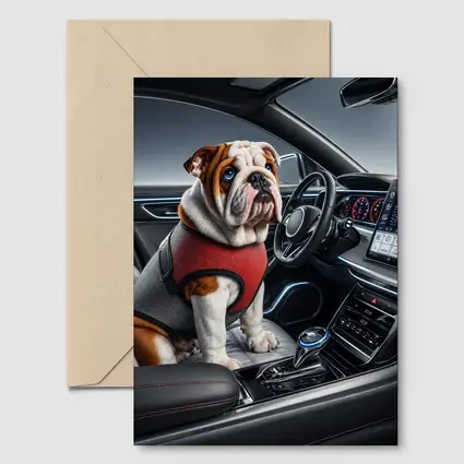 English Bulldog Sitting Inside Modern Car Interior