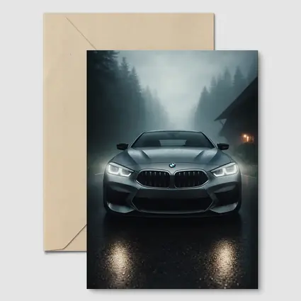 BMW M8 Front View Misty Forest Road