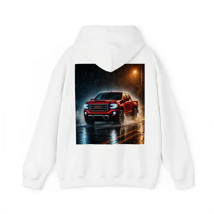 GMC Canyon Red Truck Driving in Rain