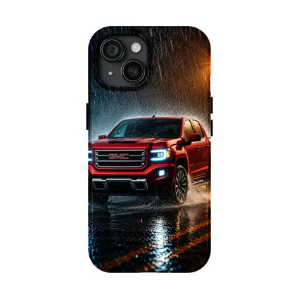 GMC Canyon Red Truck Driving in Rain