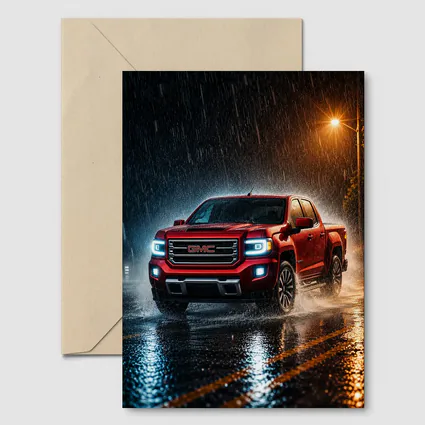 GMC Canyon Red Truck Driving in Rain