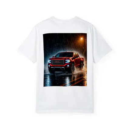 GMC Canyon Red Truck Driving in Rain