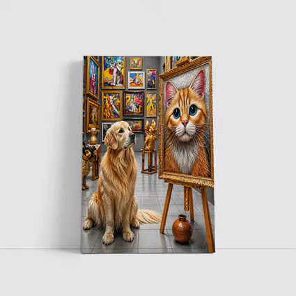 Golden Retriever Admires Cat Painting Art Gallery