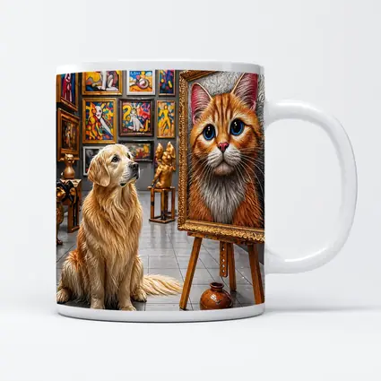 Golden Retriever Admires Cat Painting Art Gallery