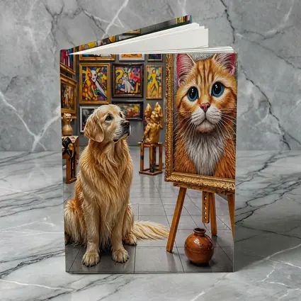 Golden Retriever Admires Cat Painting Art Gallery