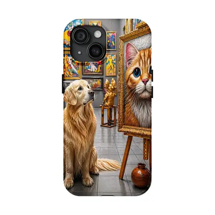 Golden Retriever Admires Cat Painting Art Gallery