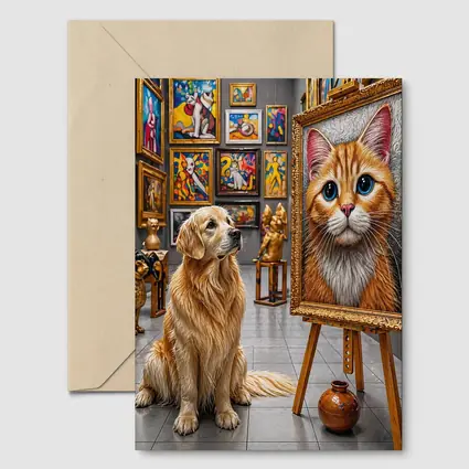 Golden Retriever Admires Cat Painting Art Gallery